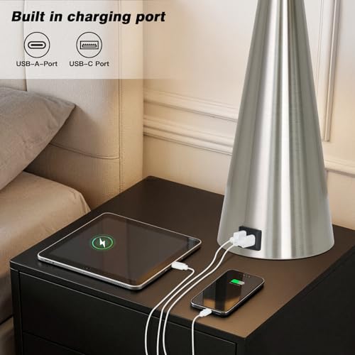28" Silver Touch Table Lamps Set of 2 with USB A+C Ports (B Silver)
