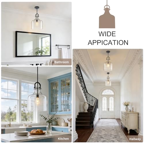 15"H Large Glass Pendant Light Fixtures with Clear Oversized Glass (Black)