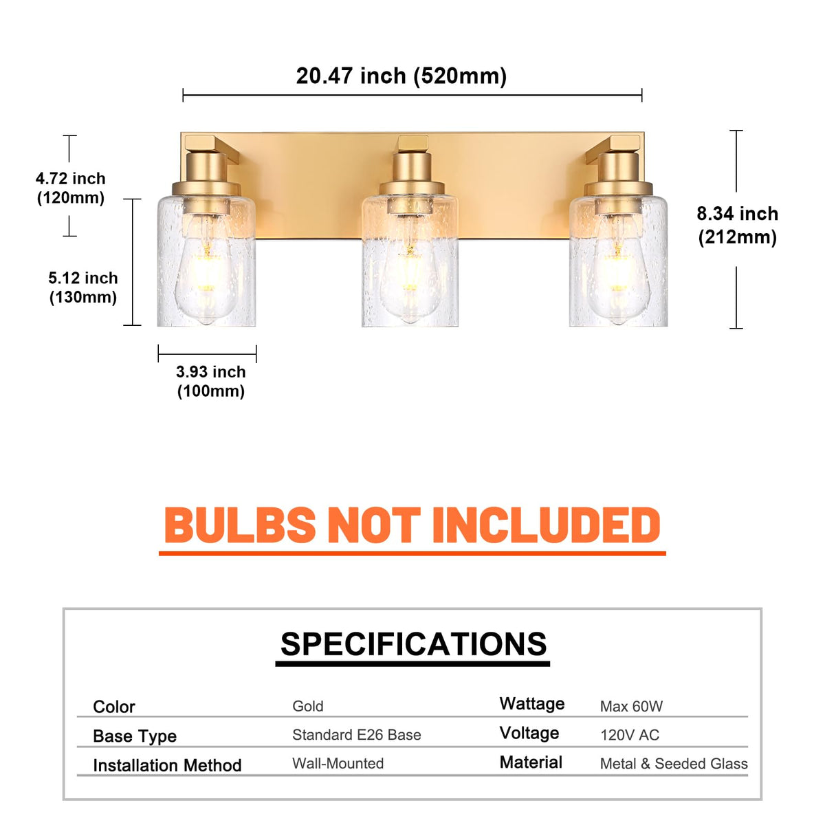 Gold 3 Light Seeded Glass Bathroom Vanity Light (Gold / 3-Light)