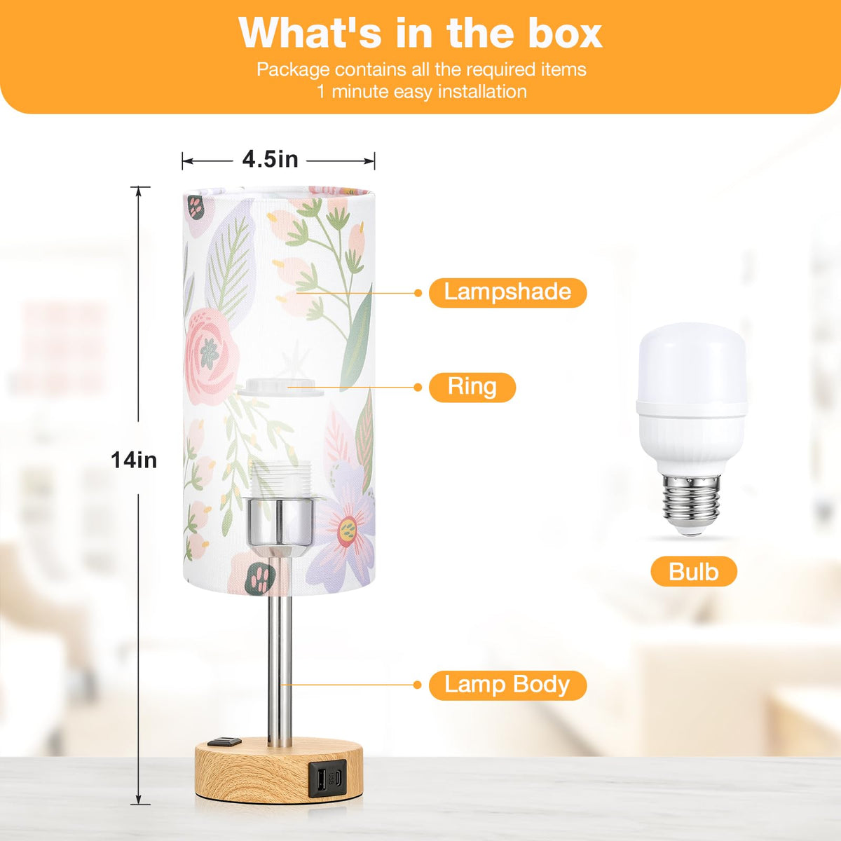 Floral Bedside Lamp for Bedroom (Floral Shade-Wood Base / 14")