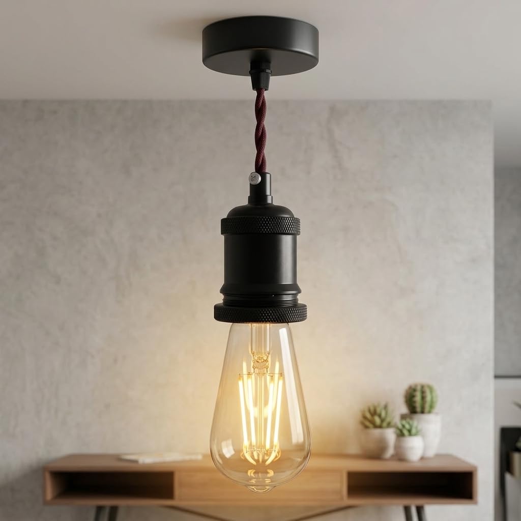 E26 Lamp Holder Socket Black Metal Vintage Edison Bulb Holder IP20 Hardwired Medium Base Fitting for Pendant Wall Table Lamps DIY Indoor Lighting (Black 2 Pack)