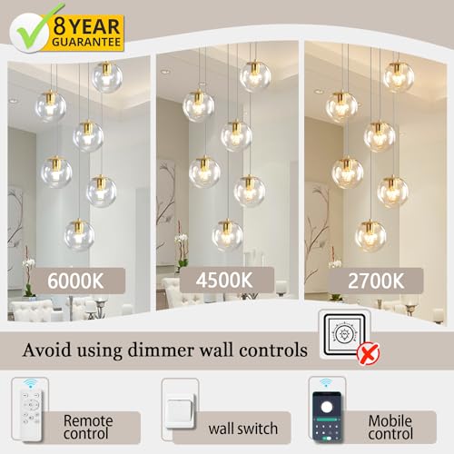 6 Light LED Staircase Modern Glass Globe Pendant Light Gold Chandeliers Large Chandeliers for High Ceilings (Gold-Clear / Globe 6-Light)