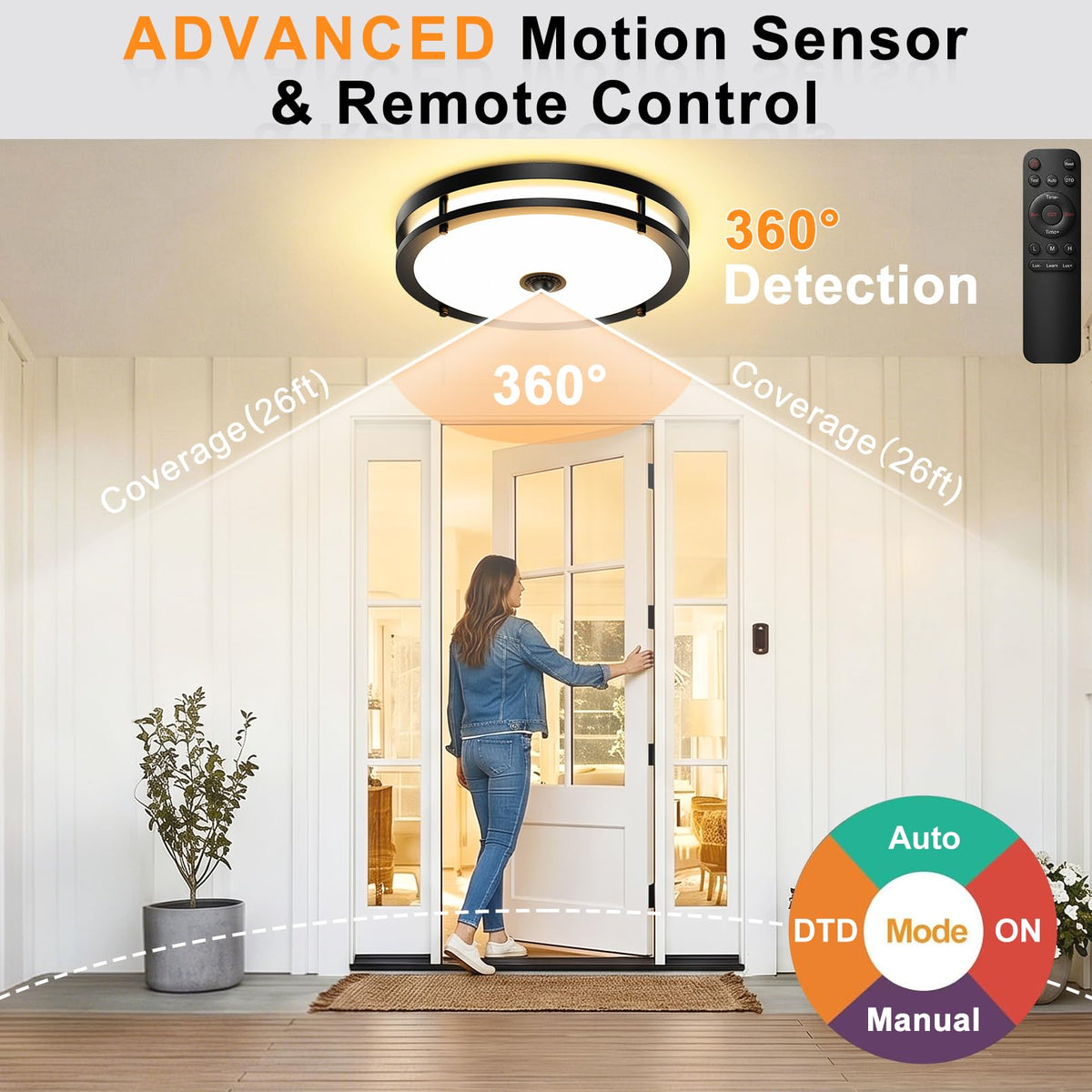 2 Pack 16IN LED Motion Sensor Outdoor Ceiling Light with Remote (Black-Remote Control / 16in)