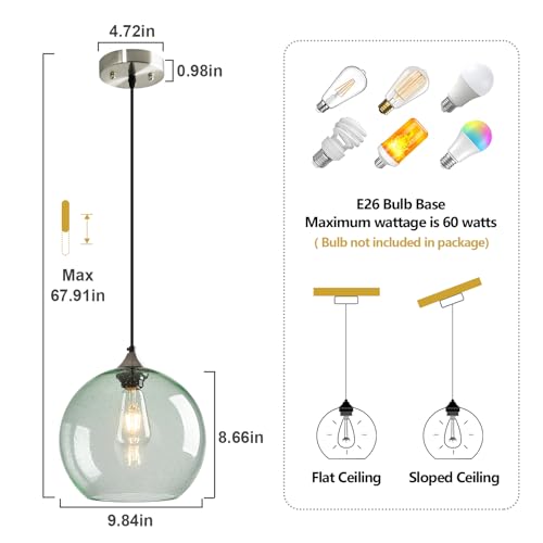 Light Green Seeded Glass Pendant Lights Kitchen Island 3 Pack (Light Green / L - 9.84 in)
