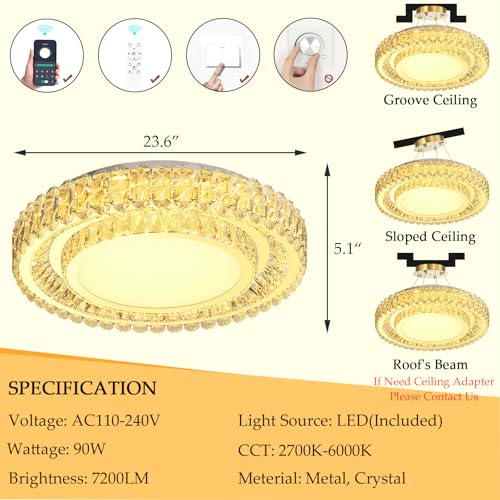 23.6" Dimmable Crystal Chandelier Modern LED Flush Mount Ceiling Light Fixtures for Living Room Bedroom Hallway Kitchen Island Staircase Gold (23.6" Gold)