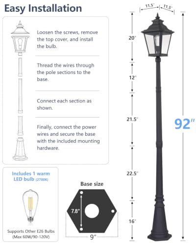 Large Outdoor Lamp Post Light with Warm Bulb (92" - Warm Bulb)