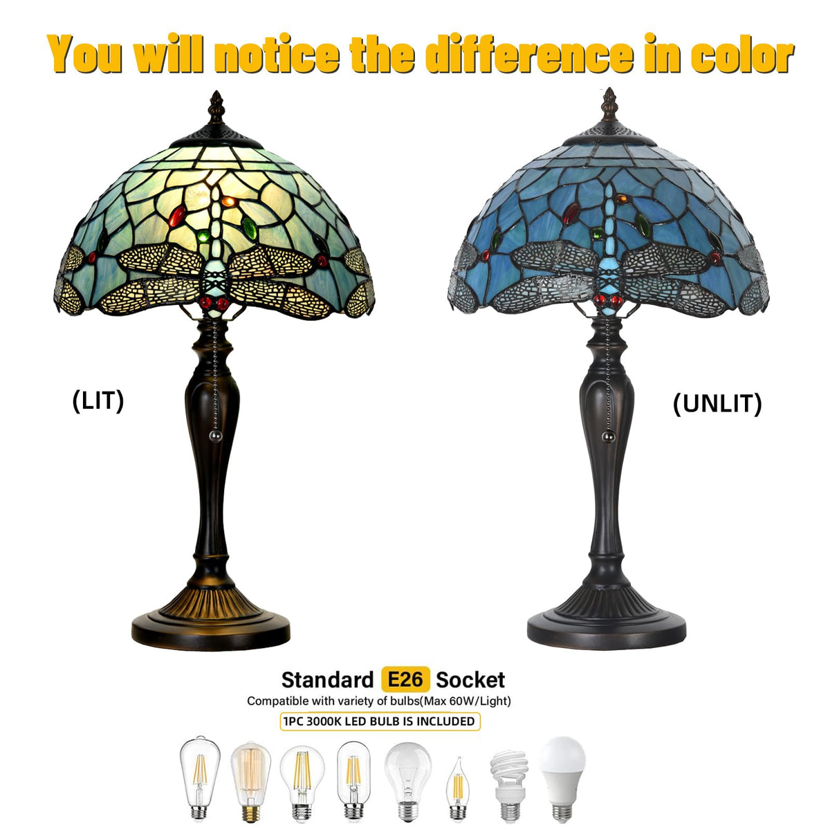 TL0023 Tiffany Style Dragonfly Table Lamp Stained Glass Blue Shade Reading Desk Light 12 X 20 Inches for Bedroom Living Room Home Office (Blue Dragonfly)
