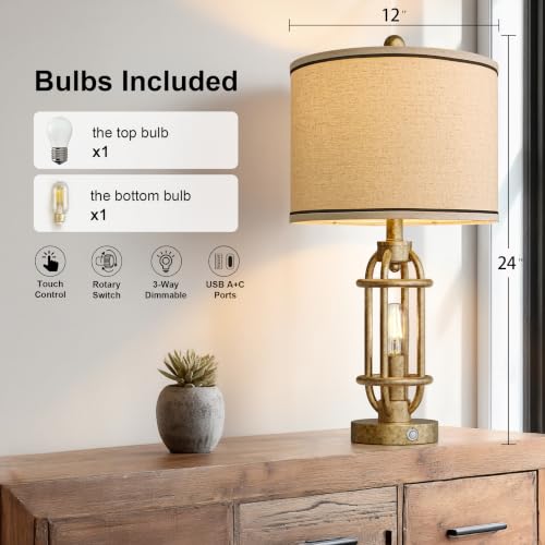 23.75'' Table Lamps Set of 2 for Living Room Bedroom Industrial Farmhouse Metal Touch Lamps with USB A+C Ports (23.75'' Champagne Gold - Set of 2)