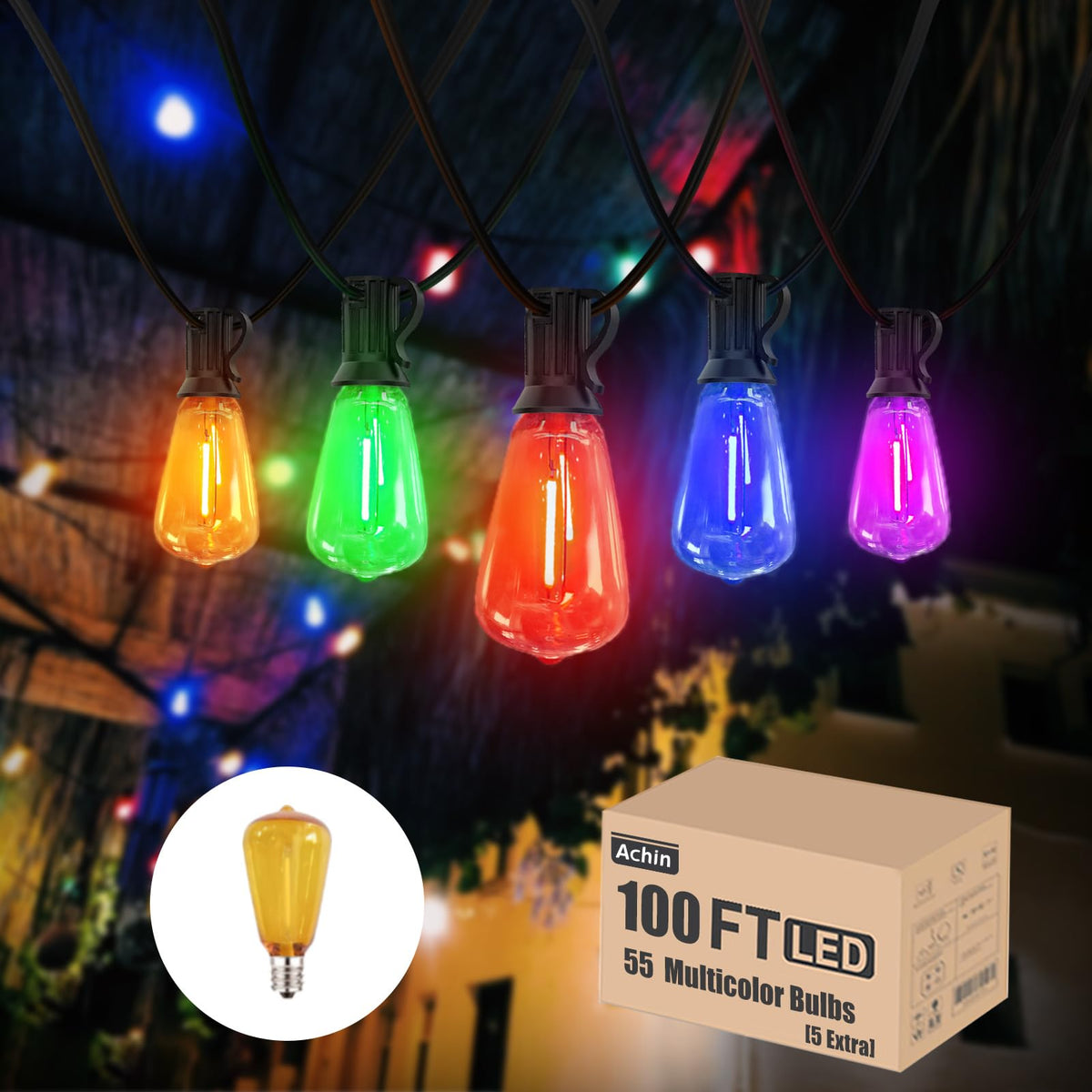 Colored Outdoor String Lights 100Ft LED Multicolor Patio Lights with 55pcs ST38 Colorful Shatterproof Bulbs Rainbow String Lights for Bistro Christmas (ST38-Multicolor-2700K / 100FT 50 Bulbs)