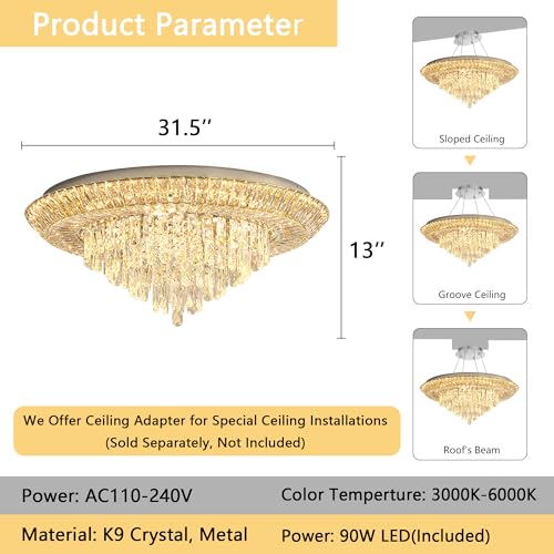 Modern Silver Crystal Chandelier LED Ceiling Light Fixture Raindrop Chandeliers Dimmable Lighting for Living Room Dining Room Entryway Bedroom (Silver / W32")