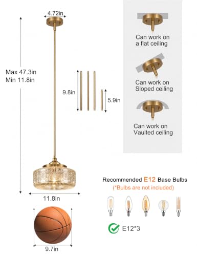 DSMJFU Gold Kitchen Pendant Light for Kitchen Vintage Glass Pendant Light (Gold+Amber Glass 11.8in)