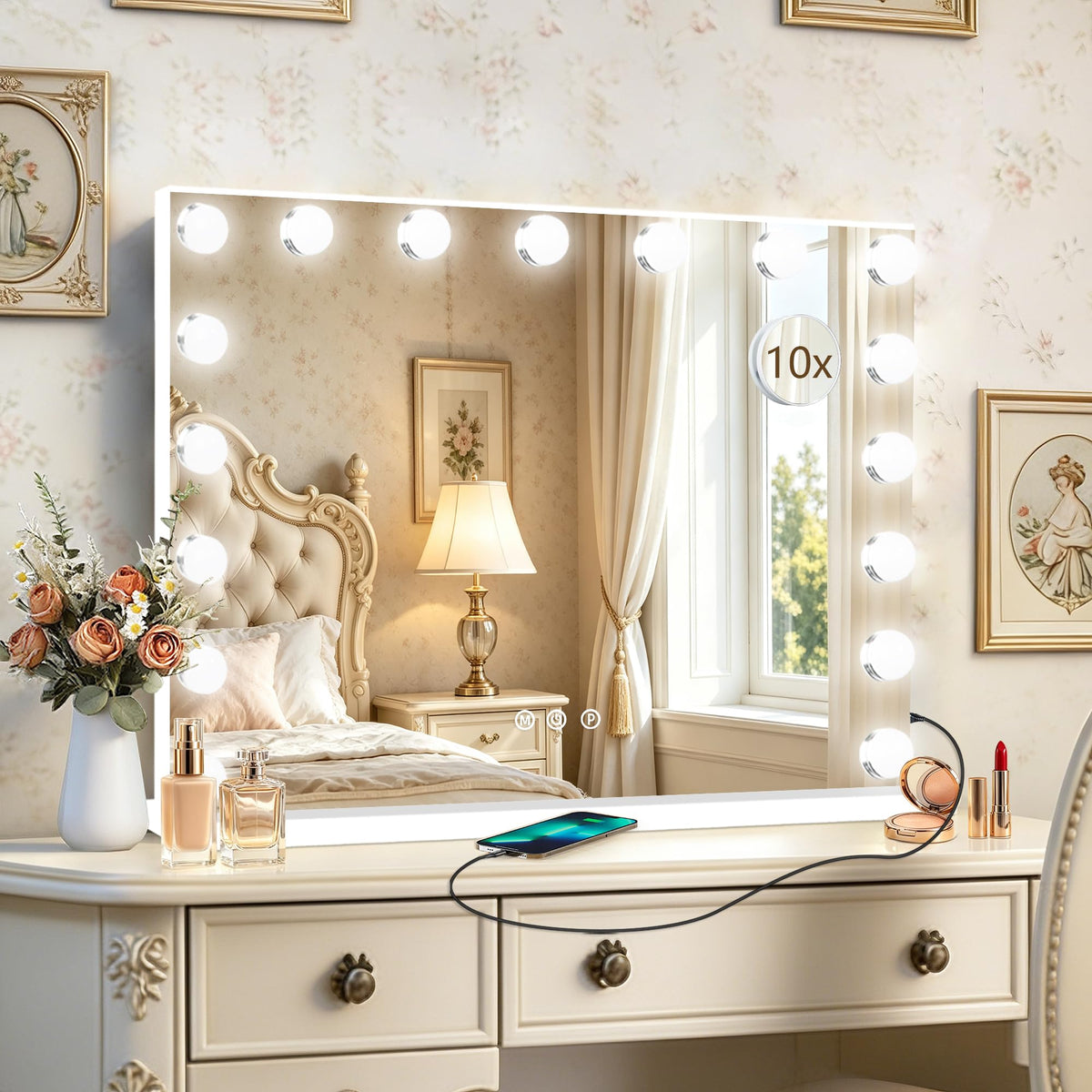 Hollywood Vanity Mirror with Lights (White / 28"L x 20"W)
