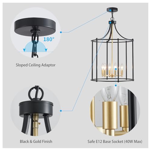 17.7" Lantern Pendant Light Modern Geometric Hanging Chandelier Black and Gold 6 Lights Adjustable Height Cage Pendant Lighting Fixture for Dining Room Living Room Kitchen Entryway Hallway (181-Black Gold)