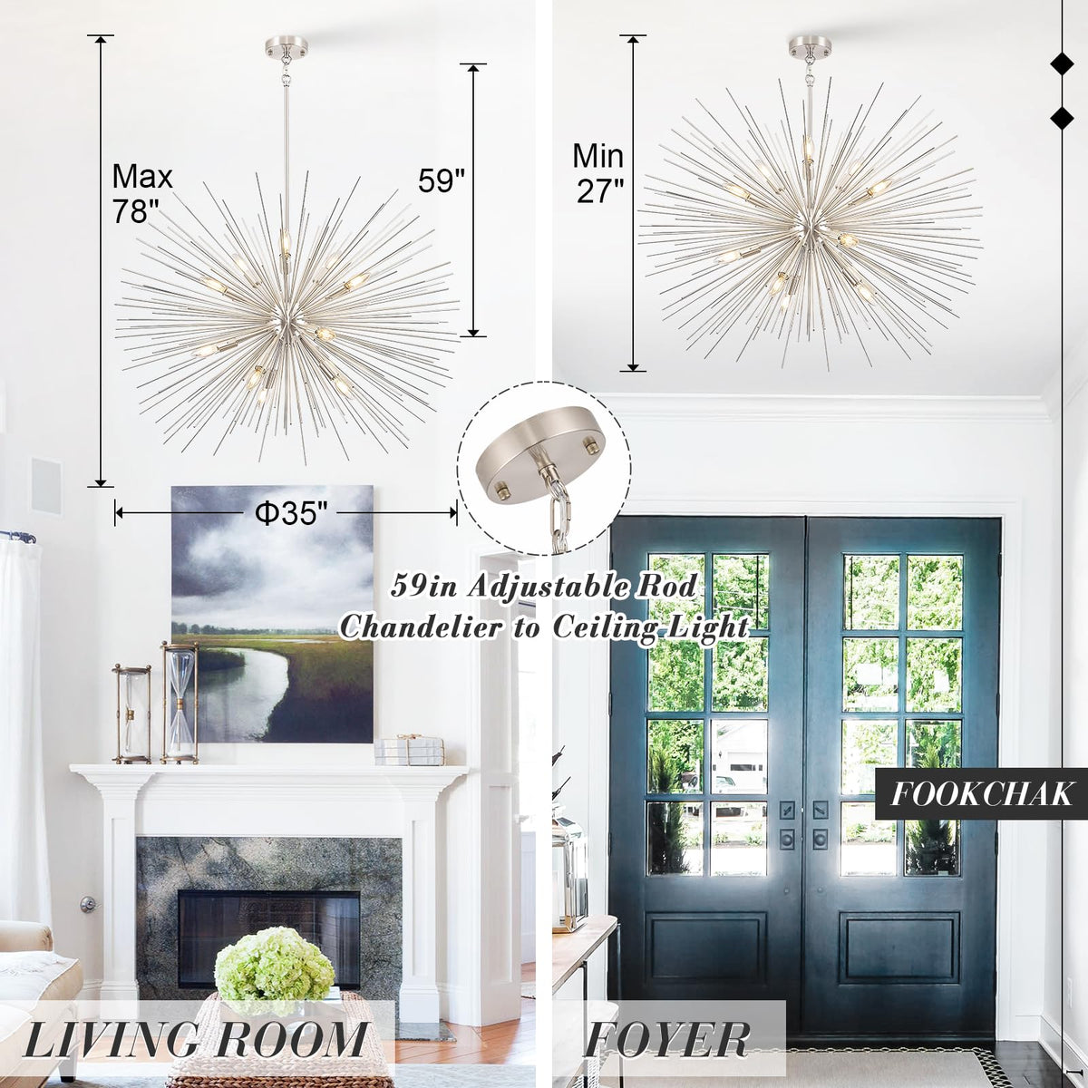 35in Nickel Sputnik Chandelier 12 Light Starburst Light Fixture Solid Metal (Nickel / 35 inch)