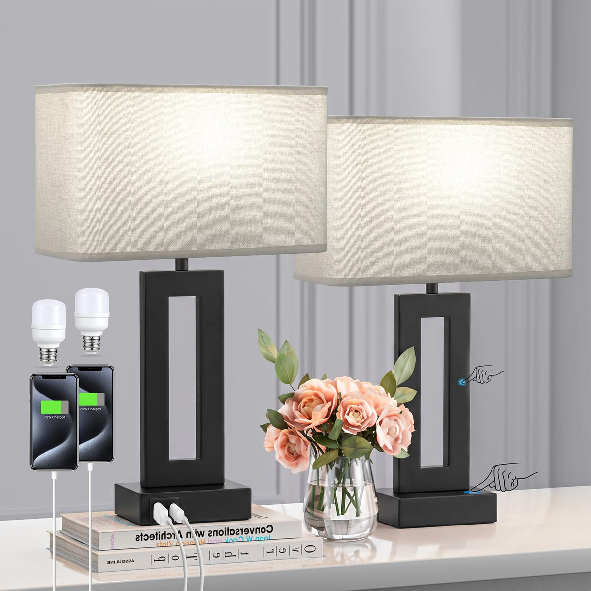 Table Lamps Set of 2 (H. Gray&Black / Small(16.4in))