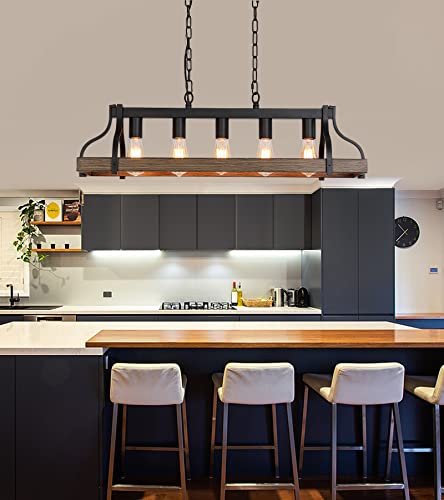 Rustic Kitchen Island Dining Room Light Fixture Farmhouse Linear Chandelier Black and Retro Wood Finish 5 (5-Light retro wood)