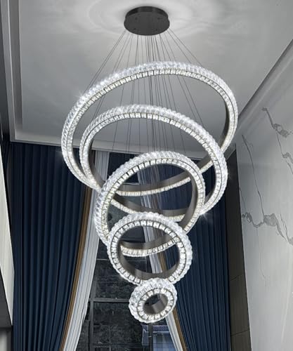 5 Ring Large Crystal Chandelier Modern LED Dimmable High Ceiling Chandelier Ring Contemporary Pendant Light Fixture for Living Room Foyer Staircase Gold D40'' (Black / 5 Ring Round 40")