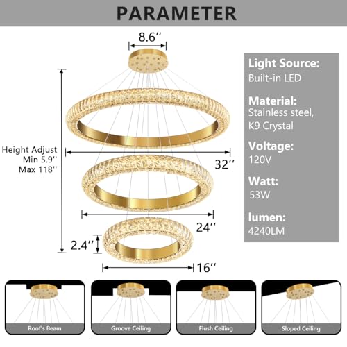 31.5" 3 Ring Crystal Chandelier Modern LED Dimmable Ring Pendant Light Round Chandelier for Dining Room Living Room Gold (Gold / 3 Ring Round 32")