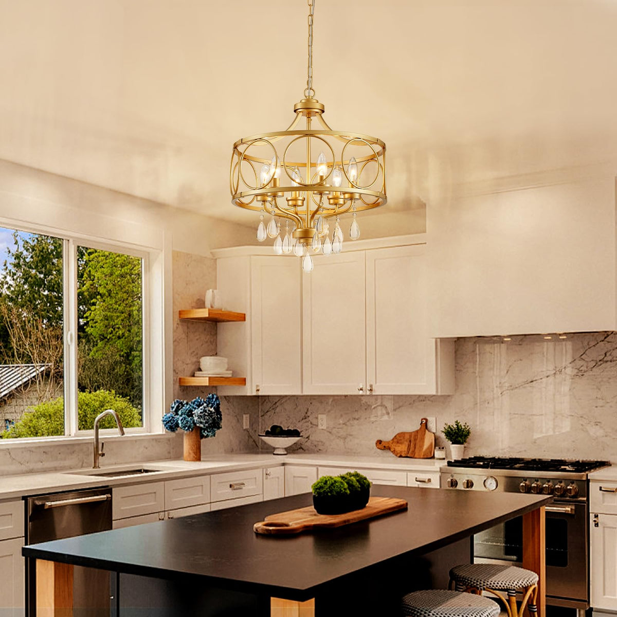 6 Light 18" Modern Gold Crystal Chandelier