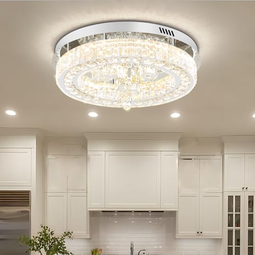 20'' Silver Modern Crystal Chandelier LED Dimmable Flush Mount Crystal Ceiling Light for Living Room Bedroom Dining Room (20in Silver)