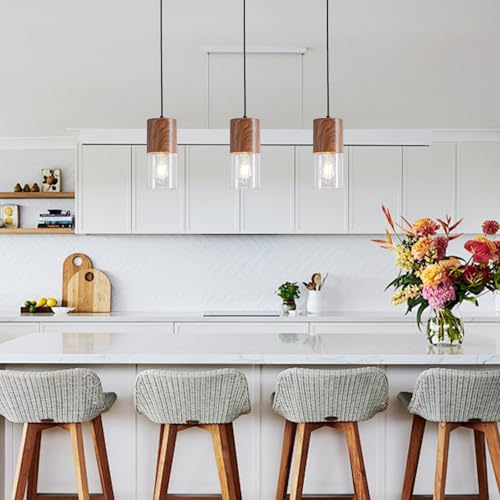 3 Pack Modern Pendant Lights for Kitchen Island (Brown Wood Grain & Transparent—Cord / 3 Pack)