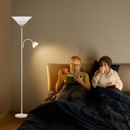 2-in-1 Torchiere Floor Lamp, 34W Super Bright LED Standing Lamp with Remote & Touch Control, 72" Dimmable Adjustable Corner Reading Lamp for Living Room, Bedroom, Office, White (White)