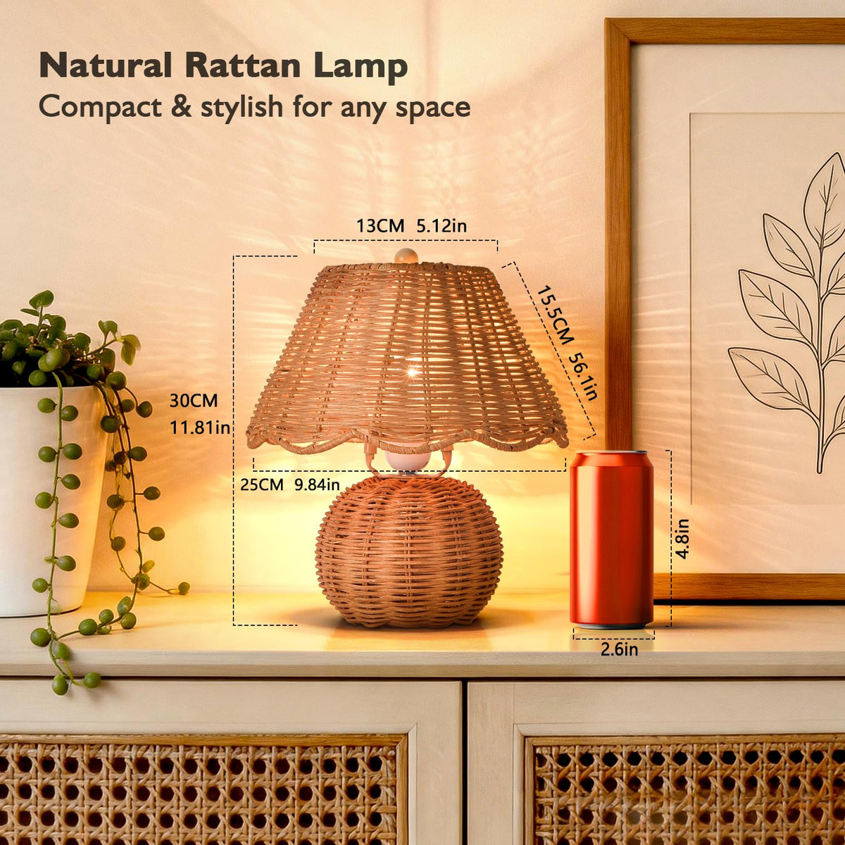 Rattan Small Bedside Mini Table Lamp for Bedroom (Rattan-Dark / On/Off Switch)