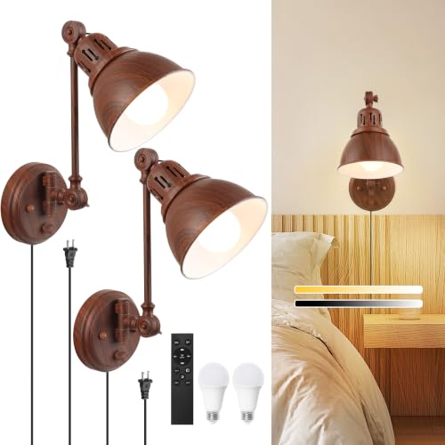 2 Pack Plug in Wall Sconces with Remote Control (Walnut-2 PACK(Bulbs+Remote))