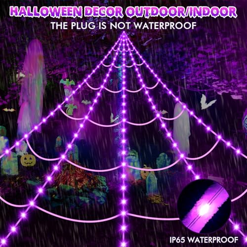 200" Halloween Decorations Spider Web Lights Outdoor +59" Fake Spider (Purple)