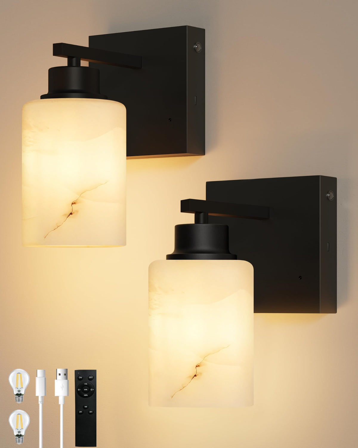 Alabaster Glass Battery Operated Wall Sconces with Remote (Black & Alabaster Shade)
