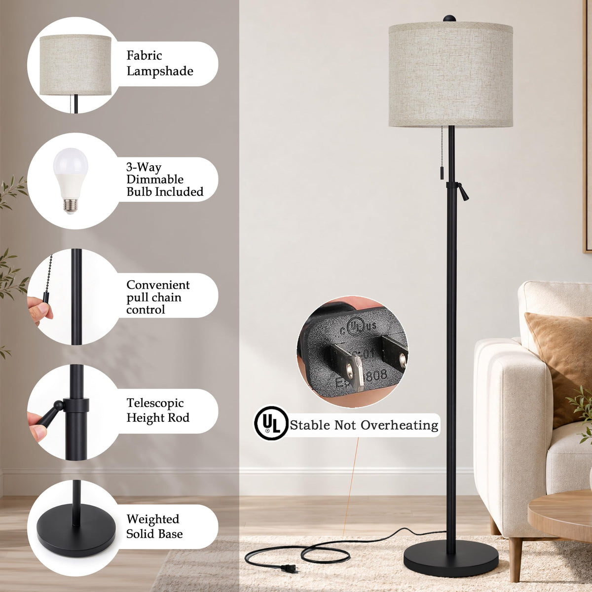 61 69" Adjustable Floor Lamp  with Remote and Stepless Dimmable Bulb (Black)
