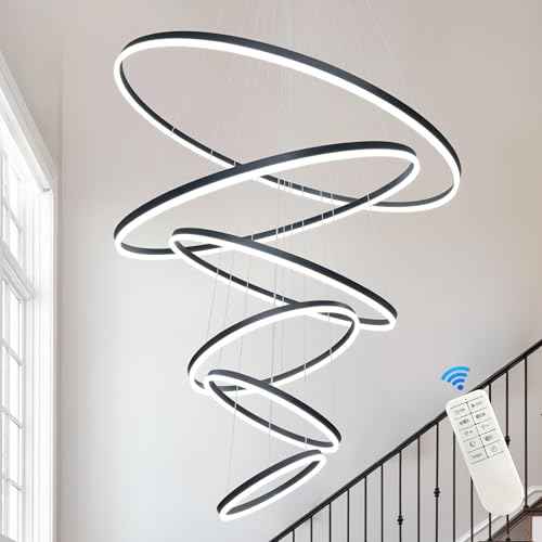 6 Rings Pendant Lights 47.2'' Modern Black Led Chandelier Dimmable Height Adjustable Chandeliers Color Temperature Black Chandelier Led Pendant Light for Dining Room Bedroom Entryway (Black / 6Ring-47")