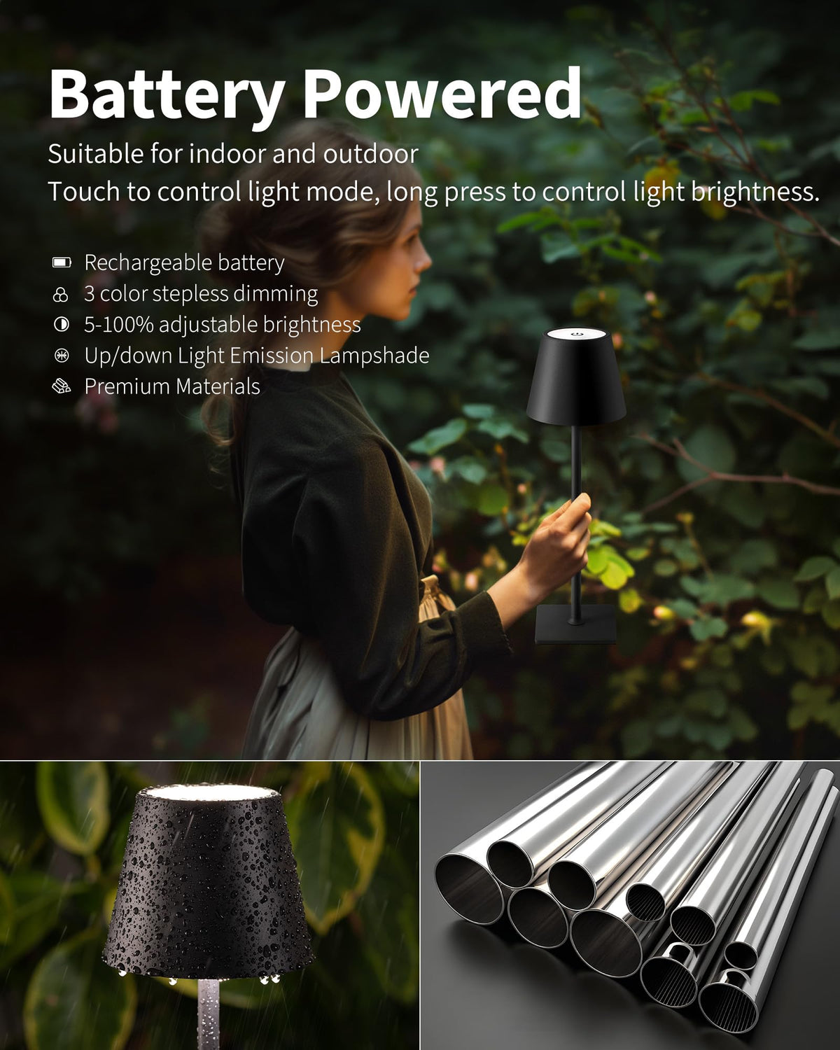 2 Pack Cordless Black Table Lamps (Black-2)