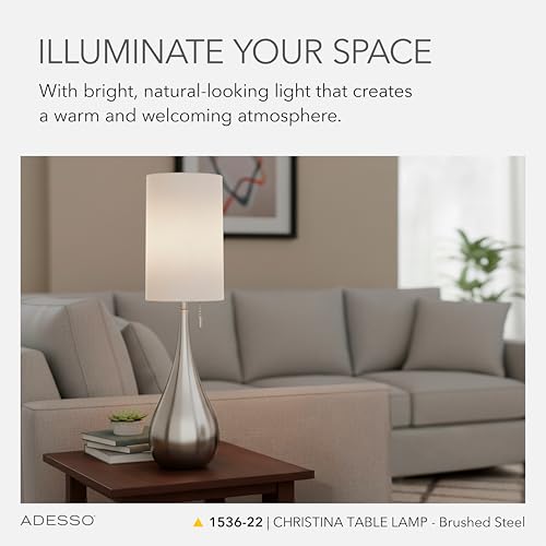 Brushed Steel Table Lamp with White Fabric Shade (Table Lamp)