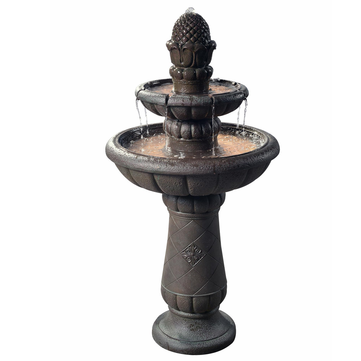 Deluxe Pineapple Pedestal 2 Tiered Floor Waterfall Fountain with Pump for Outdoor Patio Garden Backyard Decking (Iron Grey)