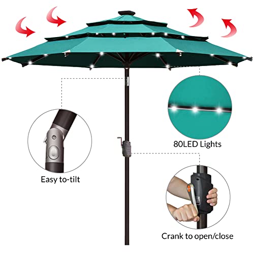 USA 10-Year-Non-Fading 9ft 3-Tier Market Patio Umbrella, Commercial Table Umbrella with 80 Solar LED Lights, Crank Open, Windproof & UPF 50+ UV Protection for Garden, Deck, Pool, Backyard, Teal (Teal / 9 FT(Triple Vents Tilt))
