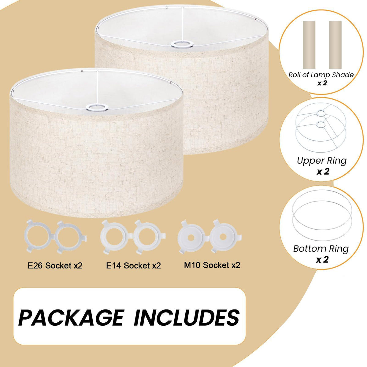 Linen Drum Lamp Shade set of 2 Beige (Beige 2 Pack / 16" x 16" x 9.8")