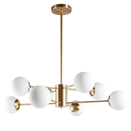 5 Light Globe Sputnik Chandelier Mid Century Sputnik Chandeliers Modern Black Globe Pendant Light Matte Black Finished with White Frosted Glass Lampshade for Dining Room Bedroom Kitchen