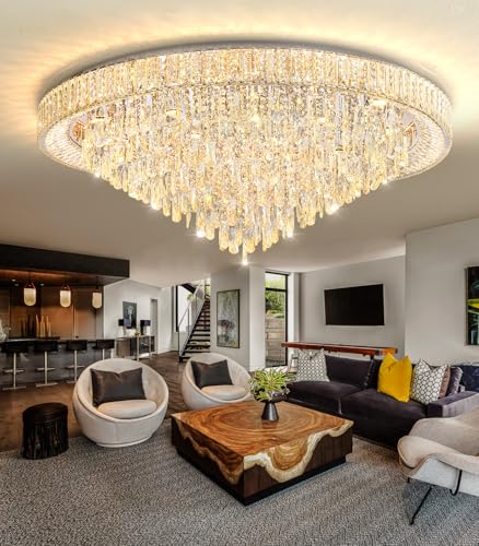 47" Modern Chandeliers LED Dimmable Crystal Flush Mount Ceiling Chandeliers for Living Room High Ceiling Entrance Foyer Lobby Bedroom Silver (Silver / 47.2" Width)