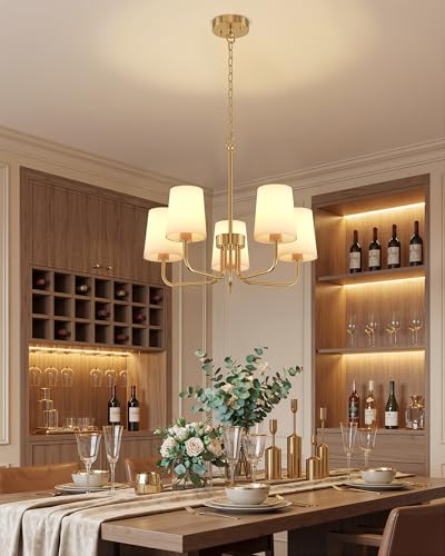 Chandelier, 5-Light Farmhouse Chandeliers for Dining Room, Height Adjustable Dining Room Light Fixture with White Fabric Shade