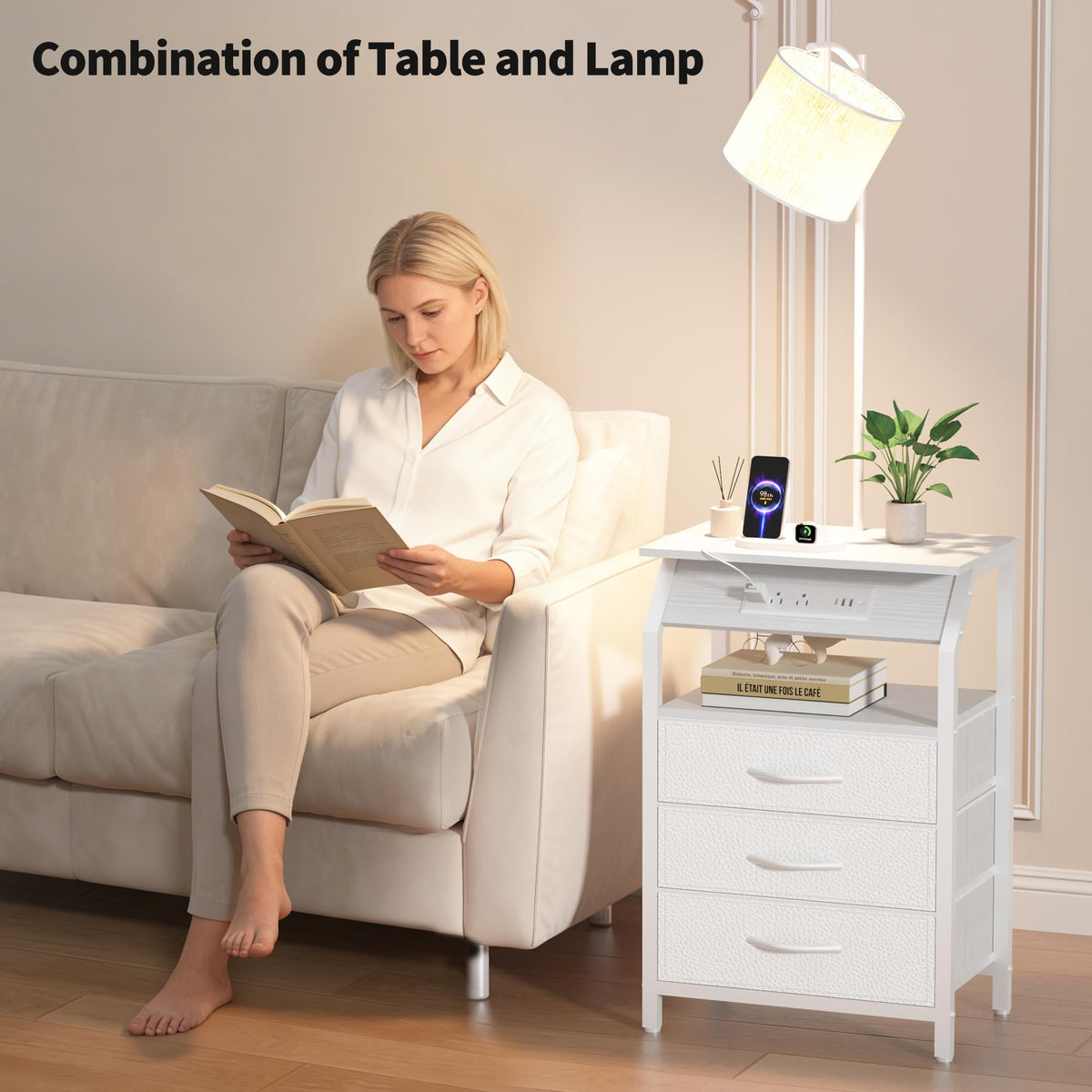 Floor Lamp with Table (White 3 Drawers)