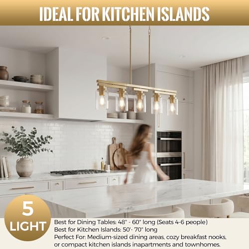 5 Light Brushed Gold Linear Chandelier (Gold+Clear Glass / 5 Light)