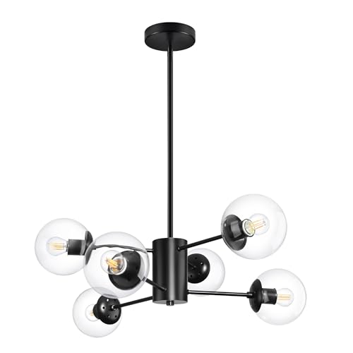 5 Light Globe Sputnik Chandelier Mid Century Sputnik Chandeliers Modern Black Globe Pendant Light Matte Black Finished with White Frosted Glass Lampshade for Dining Room Bedroom Kitchen