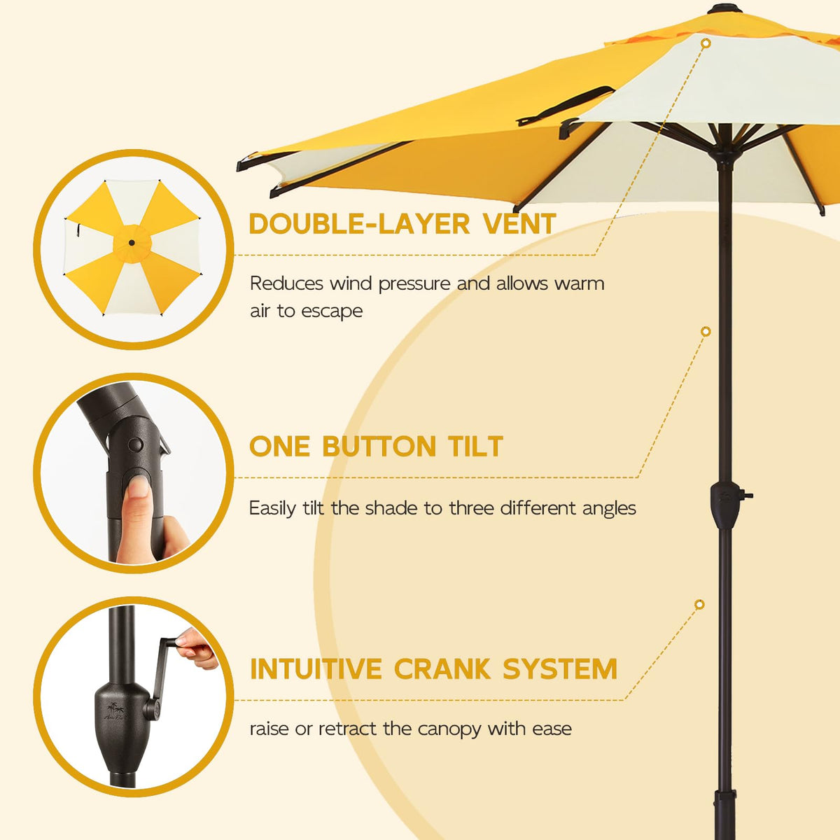 9FT Lyon Outdoor Patio Umbrella Outdoor Table Umbrella with Crank Market Umbrella 8 Sturdy Ribs UV Protection Waterproof and Push Button Tilt for Garden Deck Backyard Pool (9 FT(8 Ribs) / Yellow & Cream)
