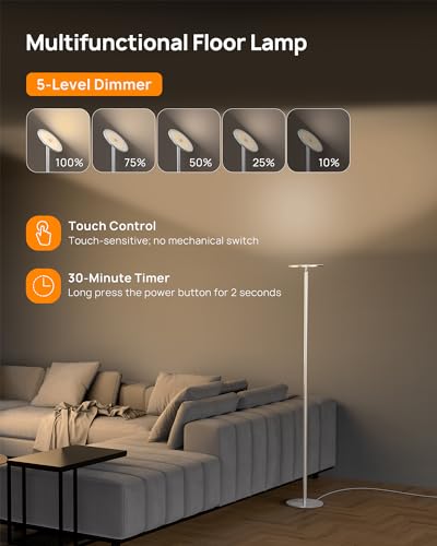 Floor Lamp 5000LM Super Bright Sky LED Modern Torchiere Standing Lamp (Warm light Silver)