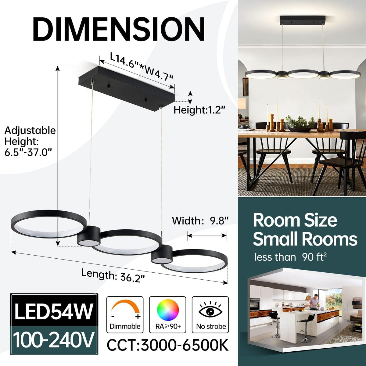 Modern LED Chandelier Light (Black / 3Ring- 36IN)