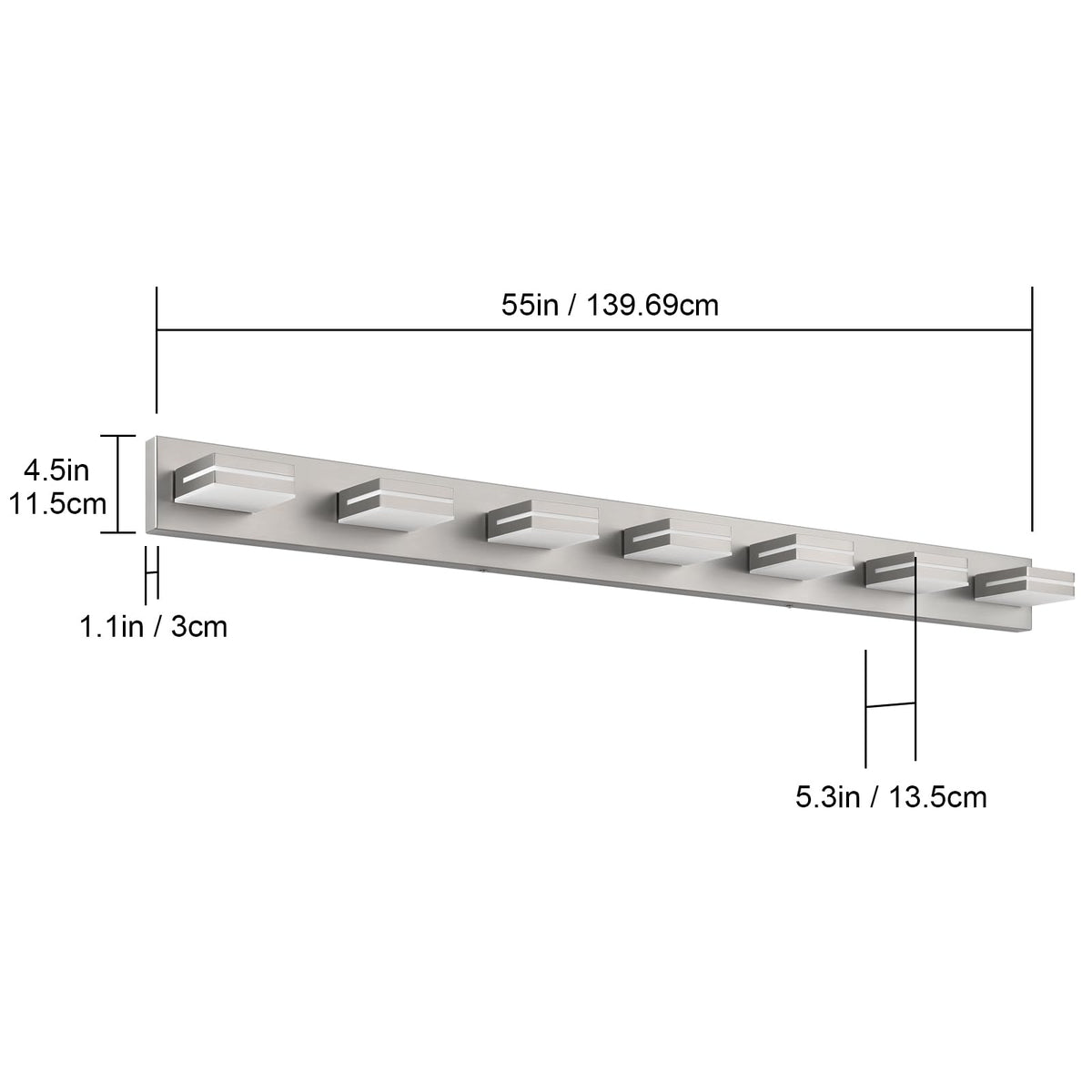 LED Modern Bathroom Vanity Light Fixtures (7-Light, 55-Inch / Nickel, 100%-0% White)