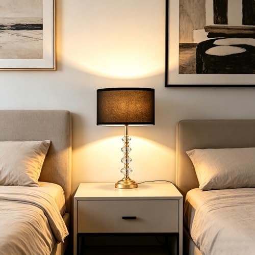 Modern Crystal Table Lamp with Gold Base & Black Fabric Shade (Crystal bead column+Black)