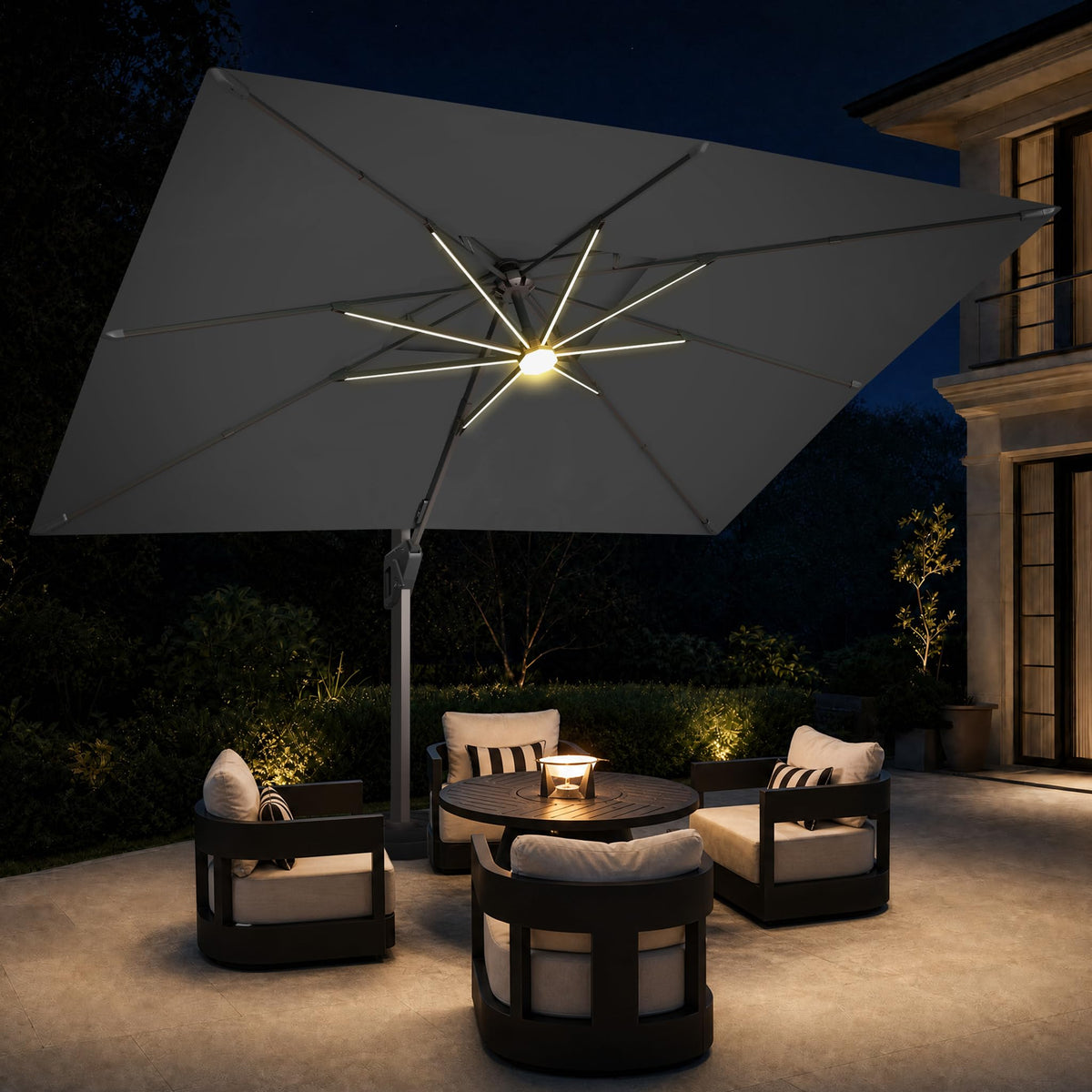 9x12 FT Cantilever Offset Patio Umbrella with Lights & Base (Grey)