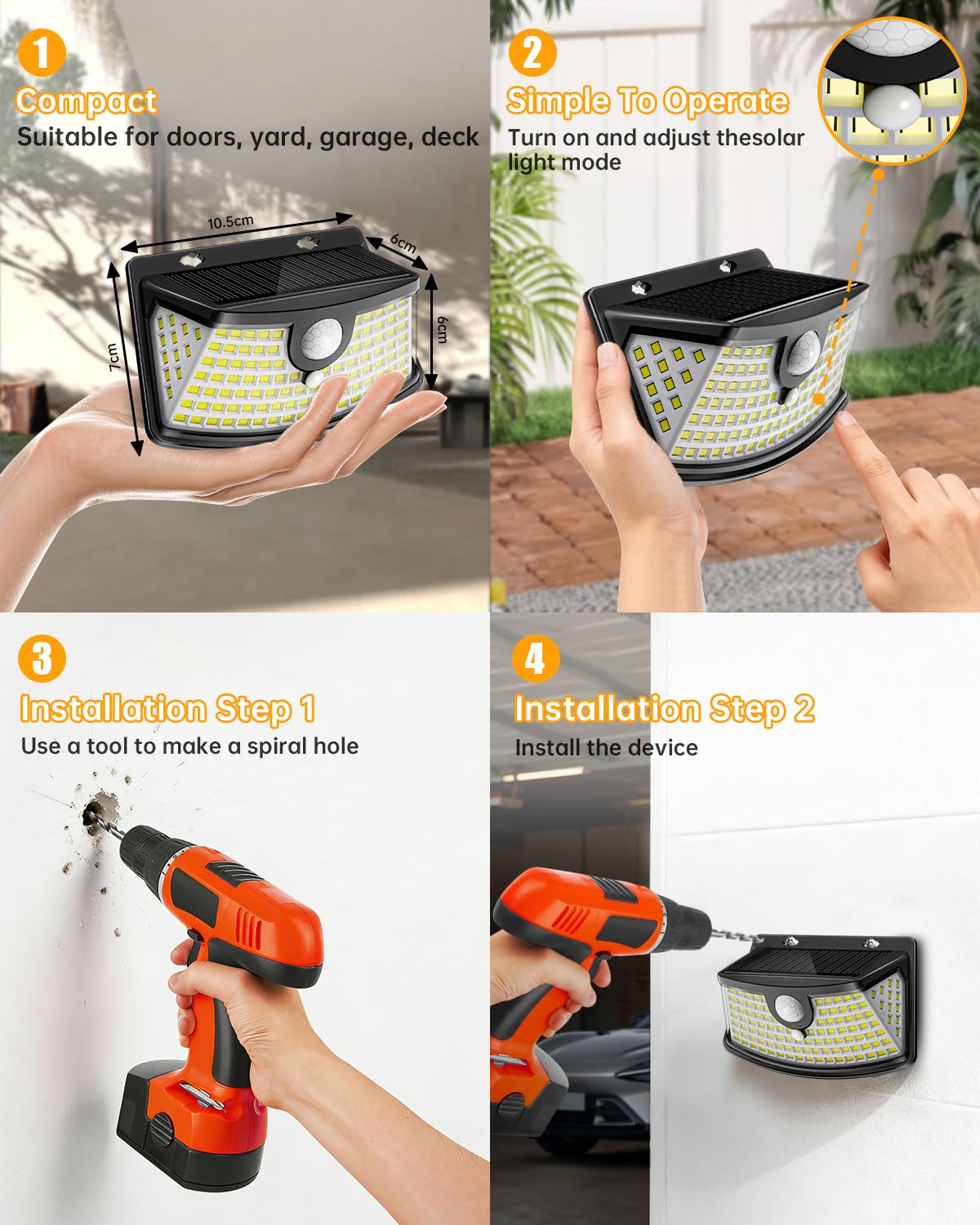 Solar Motion Sensor Lights Outdoor 120 LEDs (Black / 4 Pack)